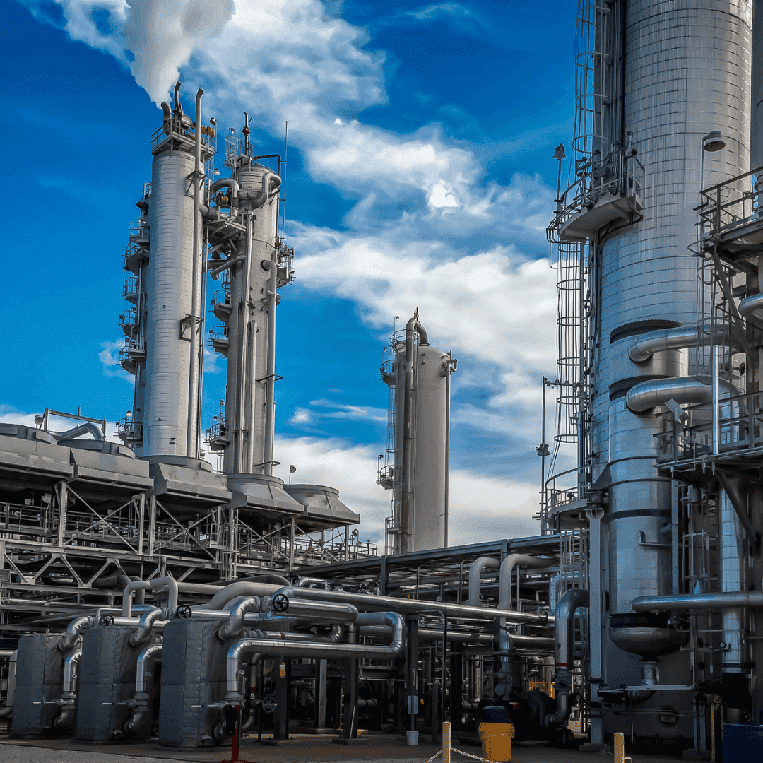 Chemical plant with process columns and piping
