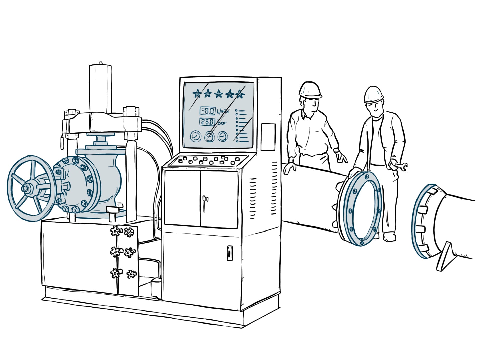 Conventional valve test bench with technicians removing a valve for testing