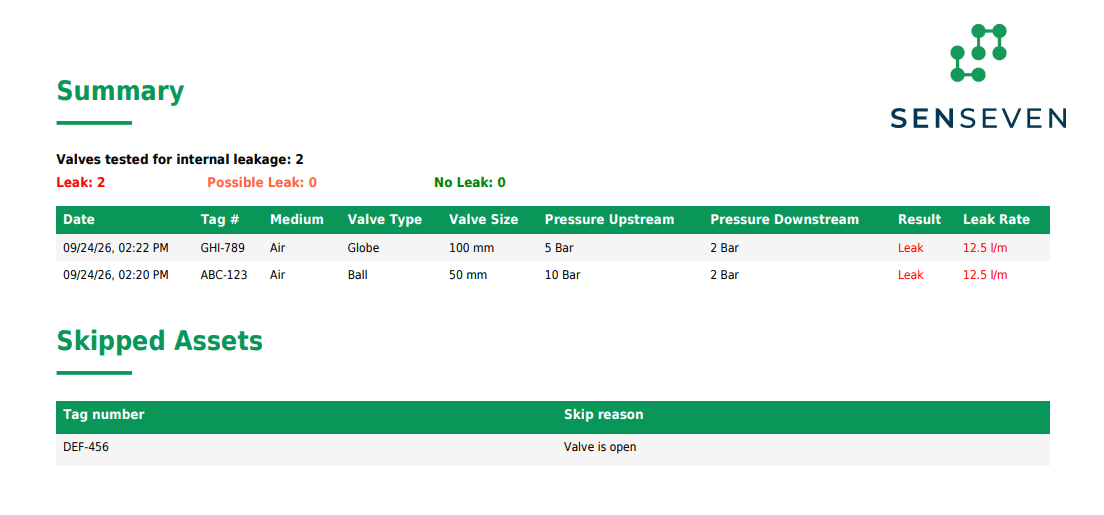 Valve Sense inspection report with tested valves and skipped assets