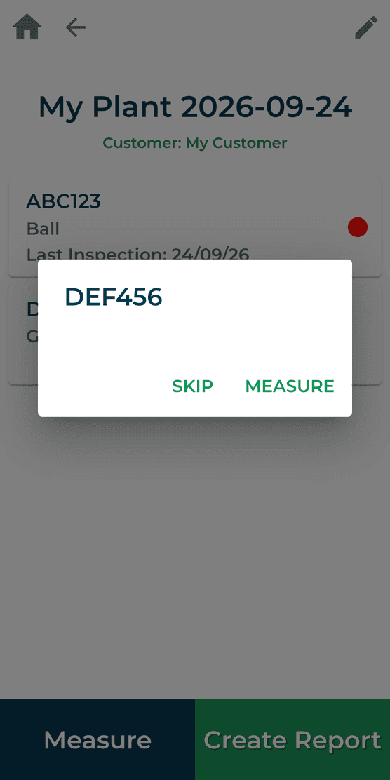Complete Valve Sense app screen for measuring the next valve or skipping it