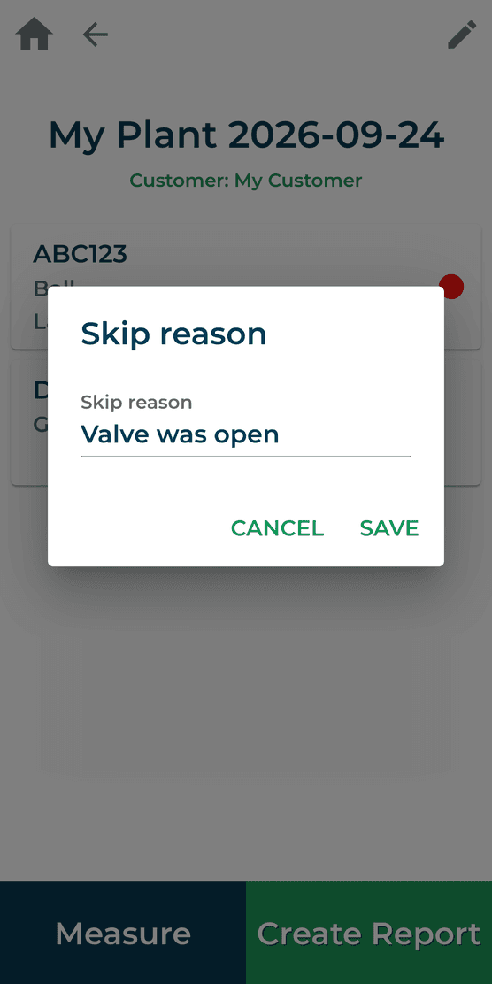 Complete Valve Sense app screen recording why a valve was skipped during an inspection route