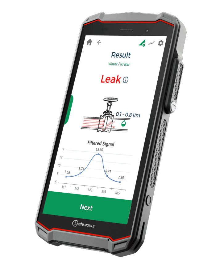 IS540.1 smartphone showing leak result and leak rate