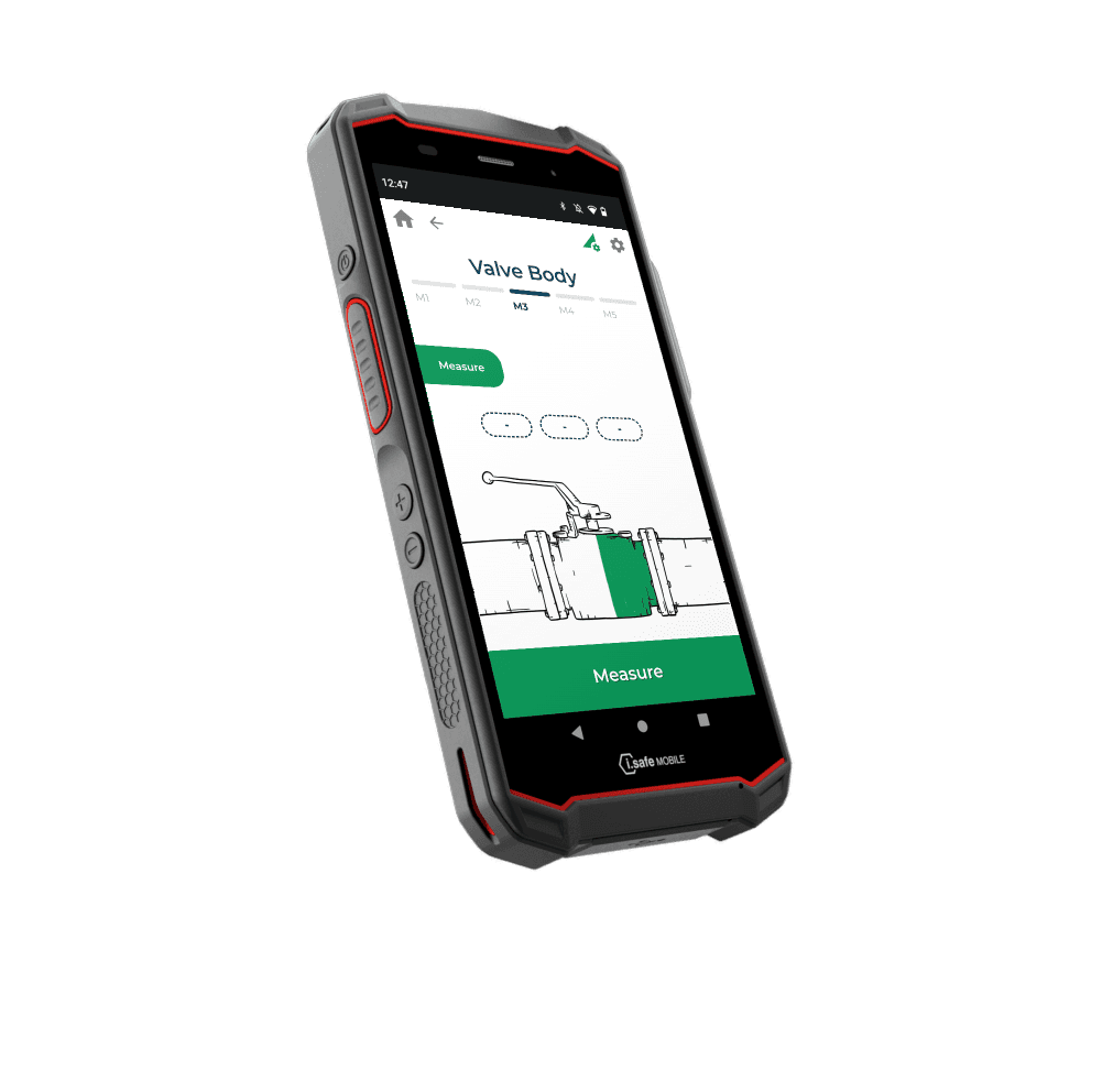 IS540.1 smartphone showing the guided measurement workflow at point M3 of five on a ball valve