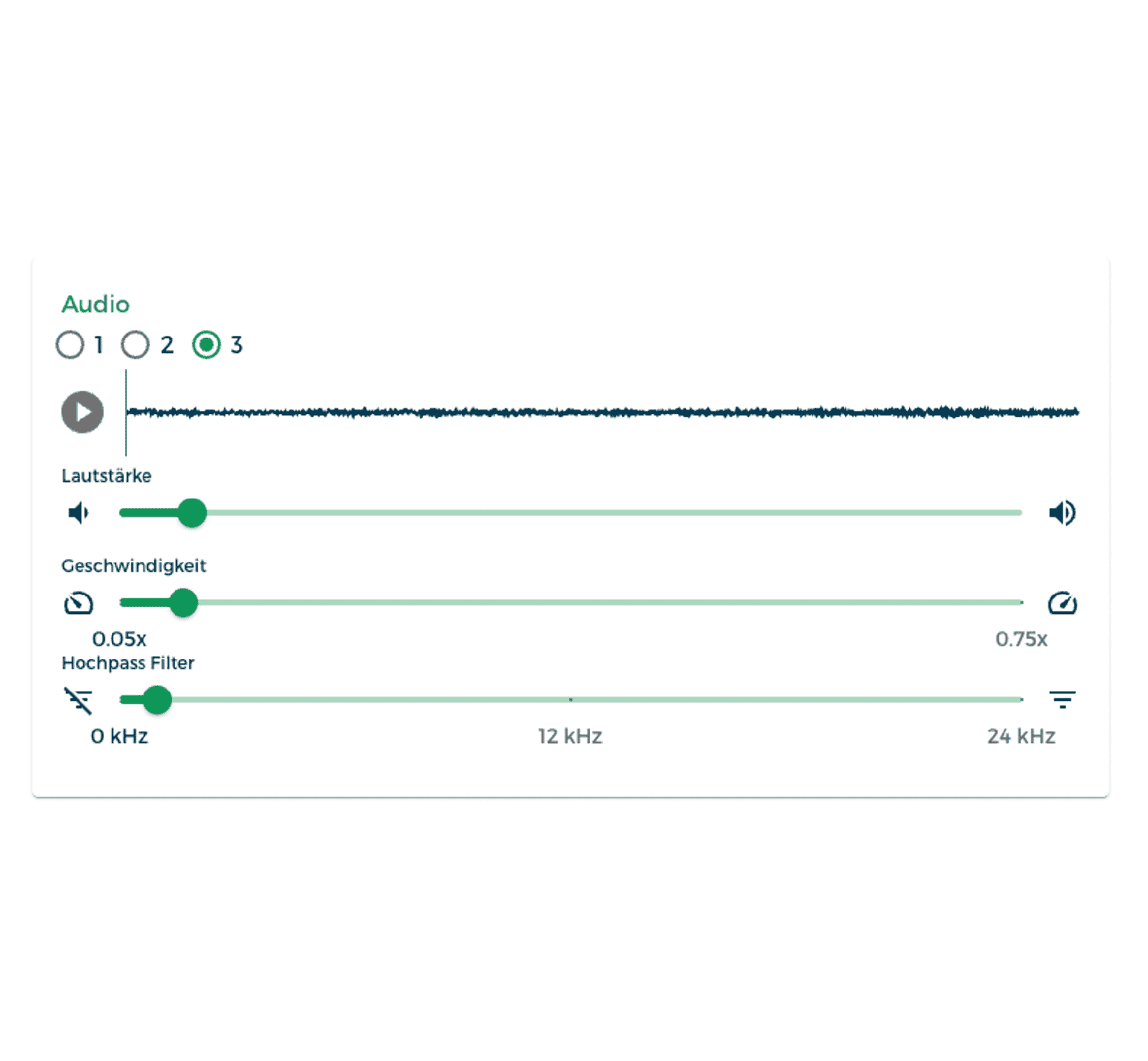 Live audio player with waveform and controls for volume, speed and high-pass filter