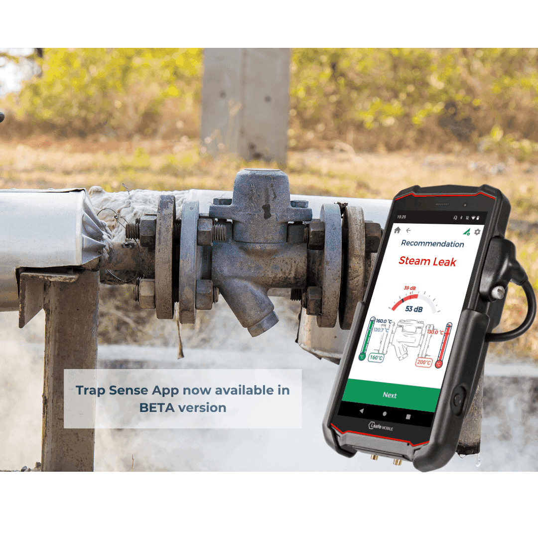 Trap Sense app showing the result “Steam Leak” on a smartphone next to a steam trap